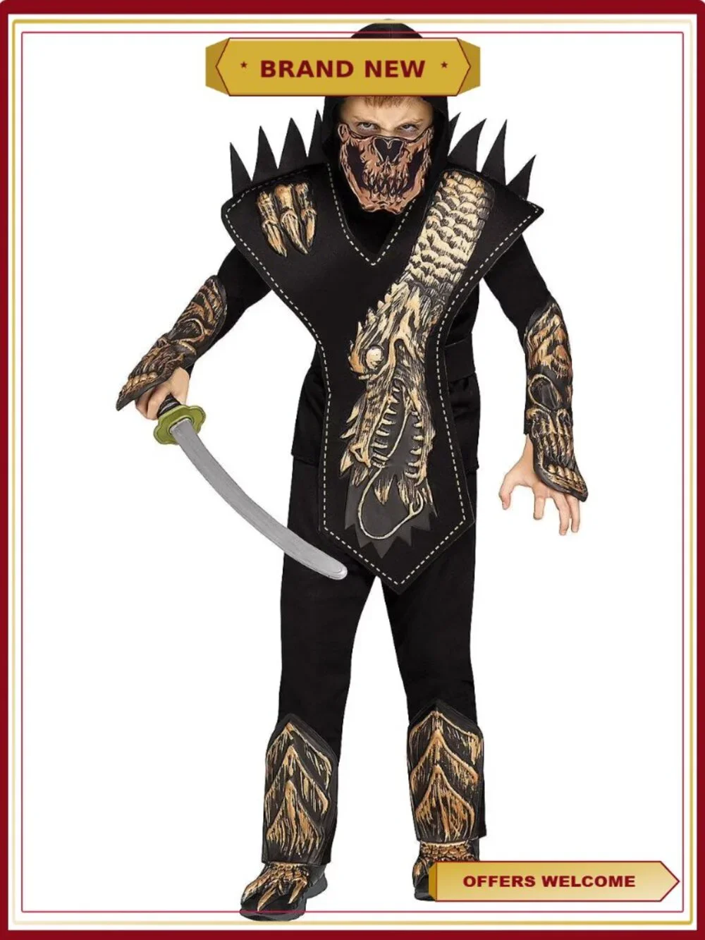 Boys Skull Dragon Ninja Costume Hooded Shirt Pants Mask